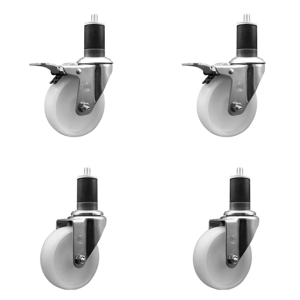 4'' Nylon Swivel 1-5/8'' Expanding Stem Caster Set 2 Total Lock Brakes, 4PK
